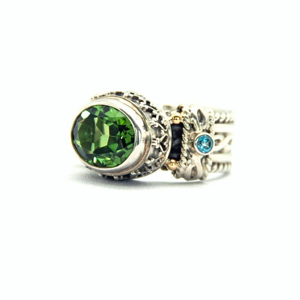 Reve Jewelry Oval Peridot Ring with Blue Topaz